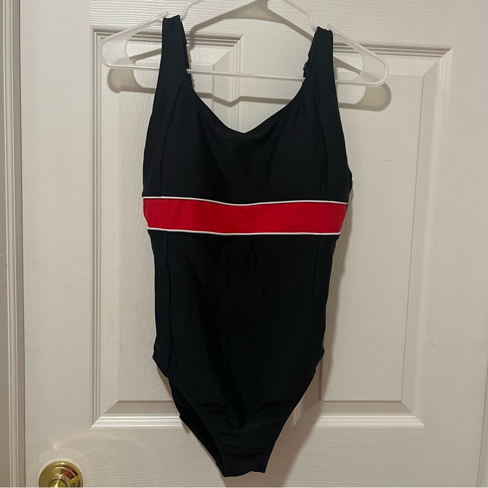 Speedo Classic One Piece‎ Swimsuit Black with Red Racing Stripe